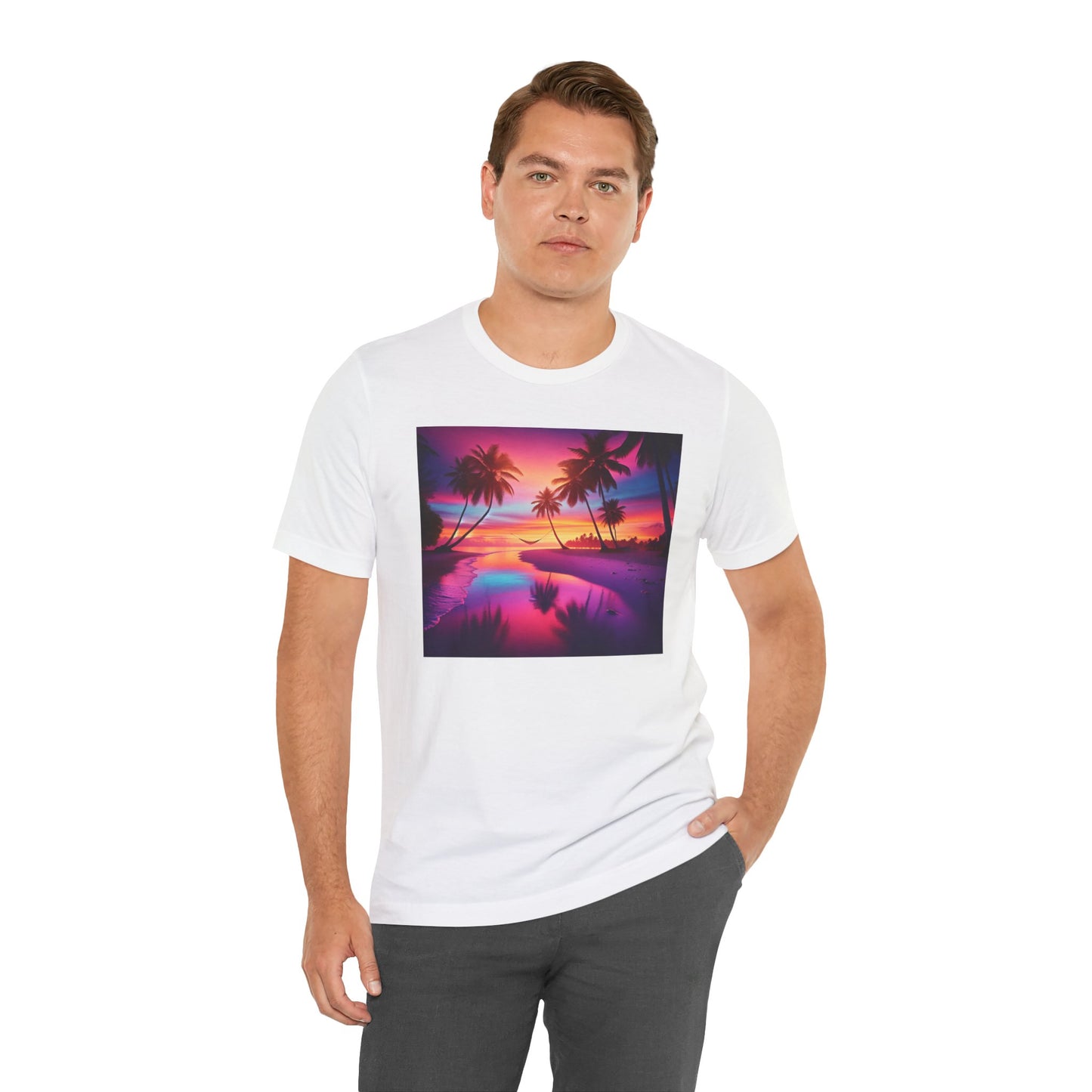 "Serenity Splash: A Tropical Twilight Masterpiece" - Tropical Beach Sunset with Palm Trees Unisex Tee