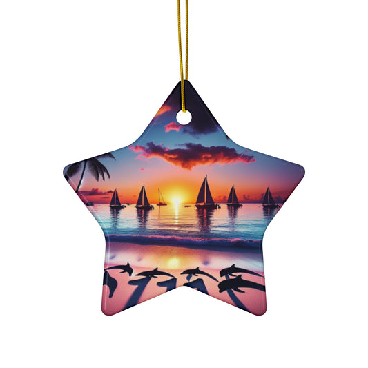 Ceramic Ornament Star, Heart, Snowflake or Circle 1111 "Paradise Serenity: A Tropical Sundown Symphony" - Tropical Beach Sunset with Palm Trees, Dolphins, and Sailboats