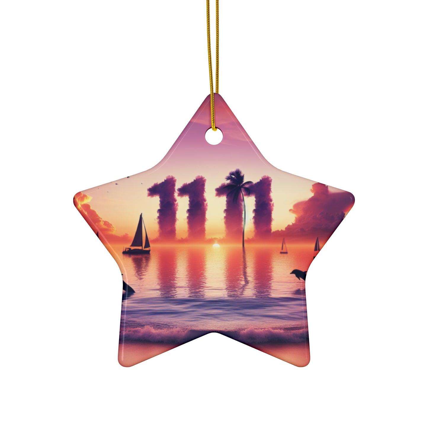 Ceramic Ornament Star, Heart, Snowflake or Circle 1111 "Paradise Serenity: Tropical Sundown Symphony" - Tropical Beach Sunset with Palm Trees, Dolphins, and Sailboats