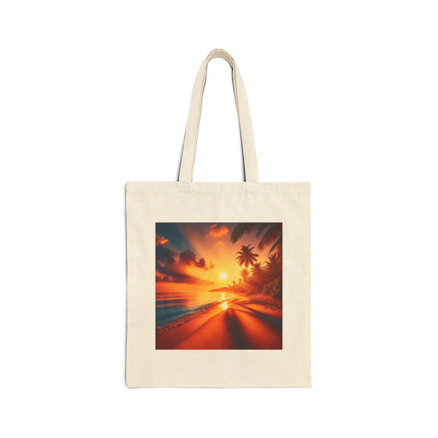 "Paradise Dreams: A Tropical Dusk Symphony" - Natural or Black Cotton Canvas Tote Bag with Tropical Beach Sunset and Palm Trees