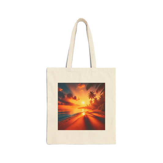 "Paradise Dreams: A Tropical Dusk Symphony" - Natural or Black Cotton Canvas Tote Bag with Tropical Beach Sunset and Palm Trees