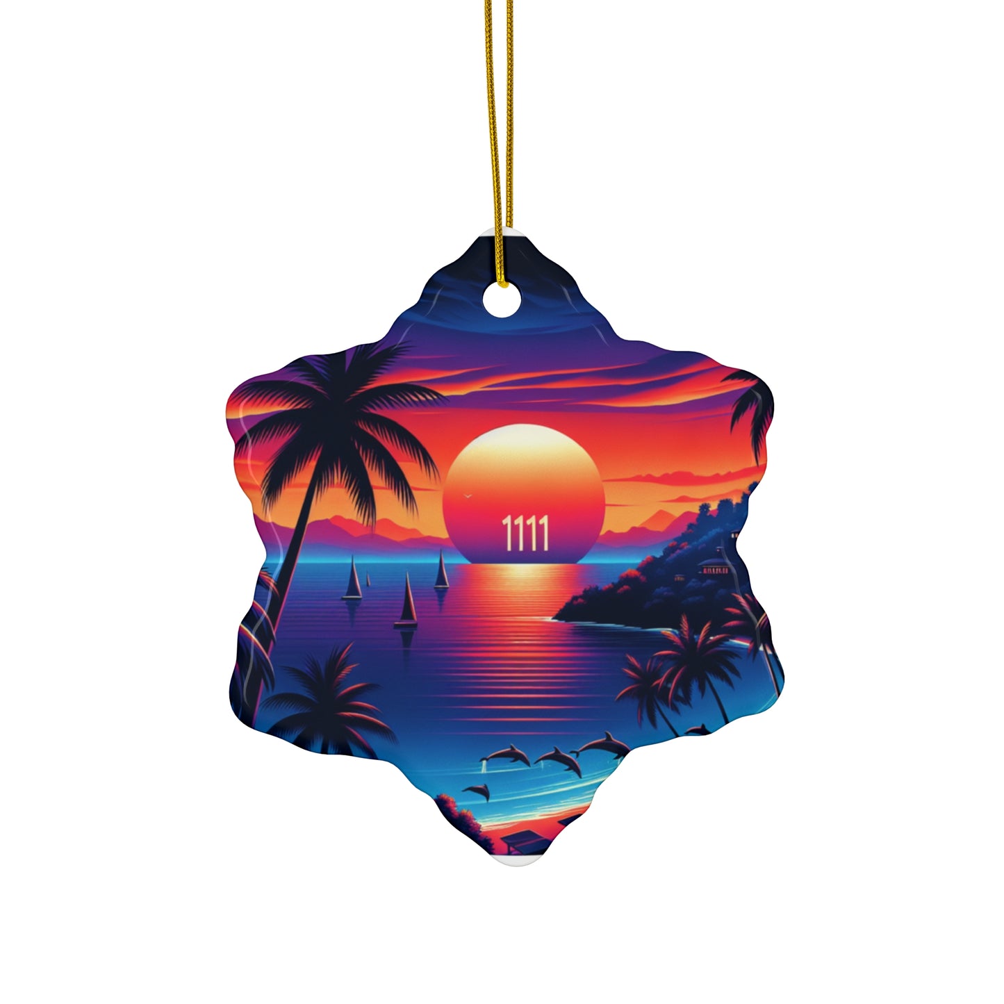 Ceramic Ornament Star, Heart, Snowflake or Circle 1111 "Palms Adrift In a Tropical Twilight" - Tropical Beach Sunset with Palm Trees, Dolphins, and Sailboats