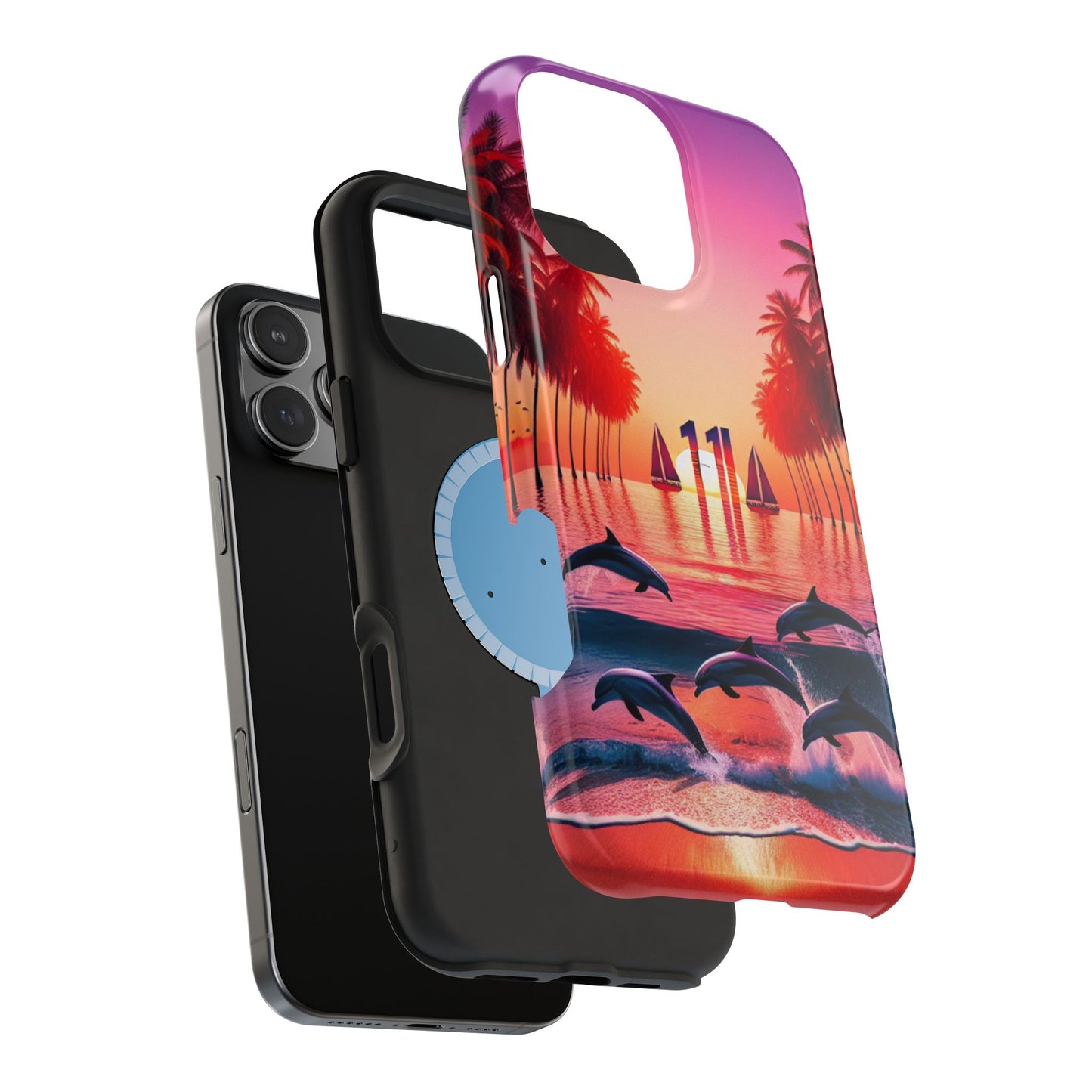 Magnetic Iphone 13-16 Pro and Max 1111 "Twilight Serenity: Tropical Beach Haven" - Tough Phone Case with Tropical Beach Sunset Dolphins ande Sailboats HD Art