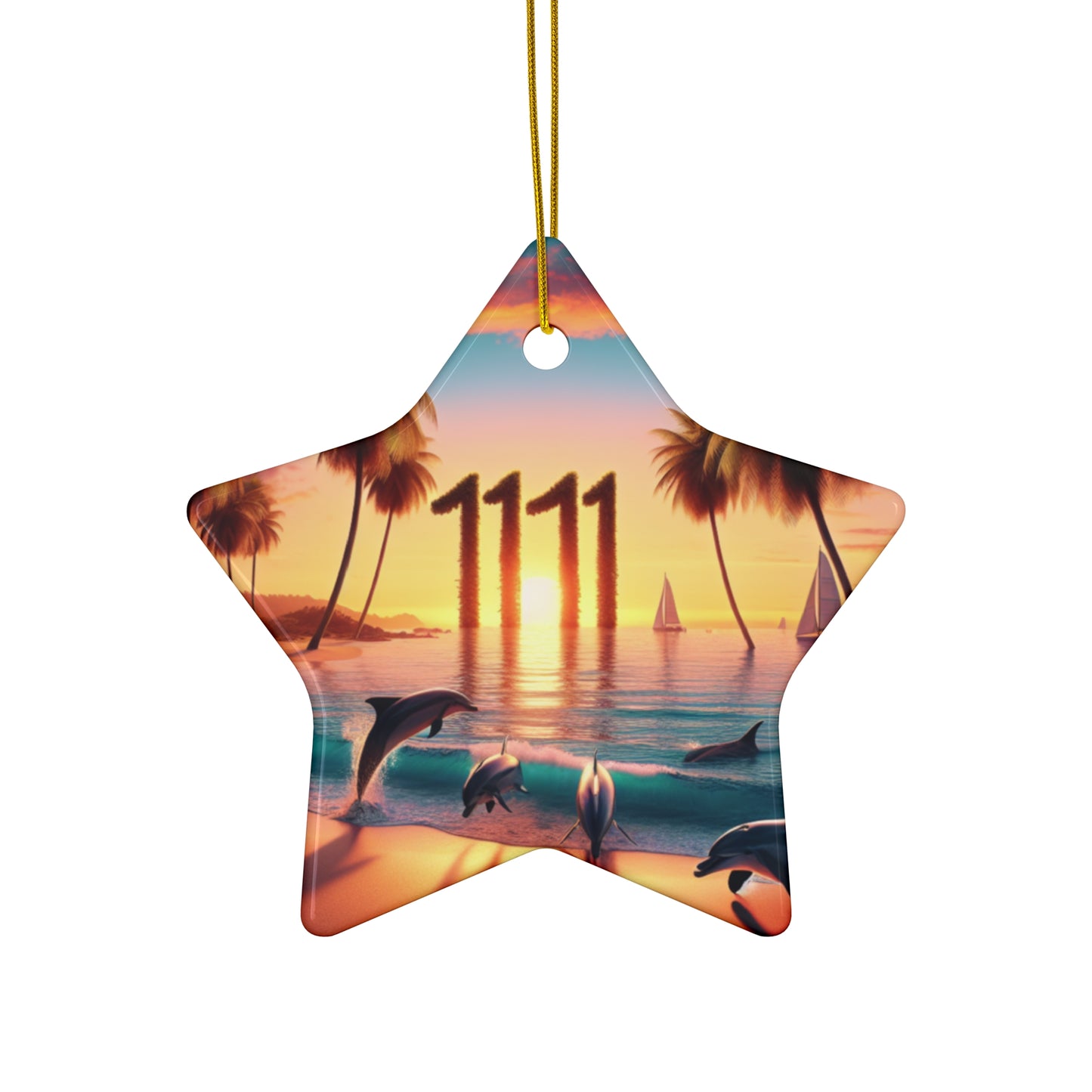 Ceramic Ornament Star, Heart, Snowflake or Circle 1111 "Serene Sundown: A Tropical Paradise Symphony" - Tropical Beach Sunset with Palm Trees, Dolphins, and Sailboats