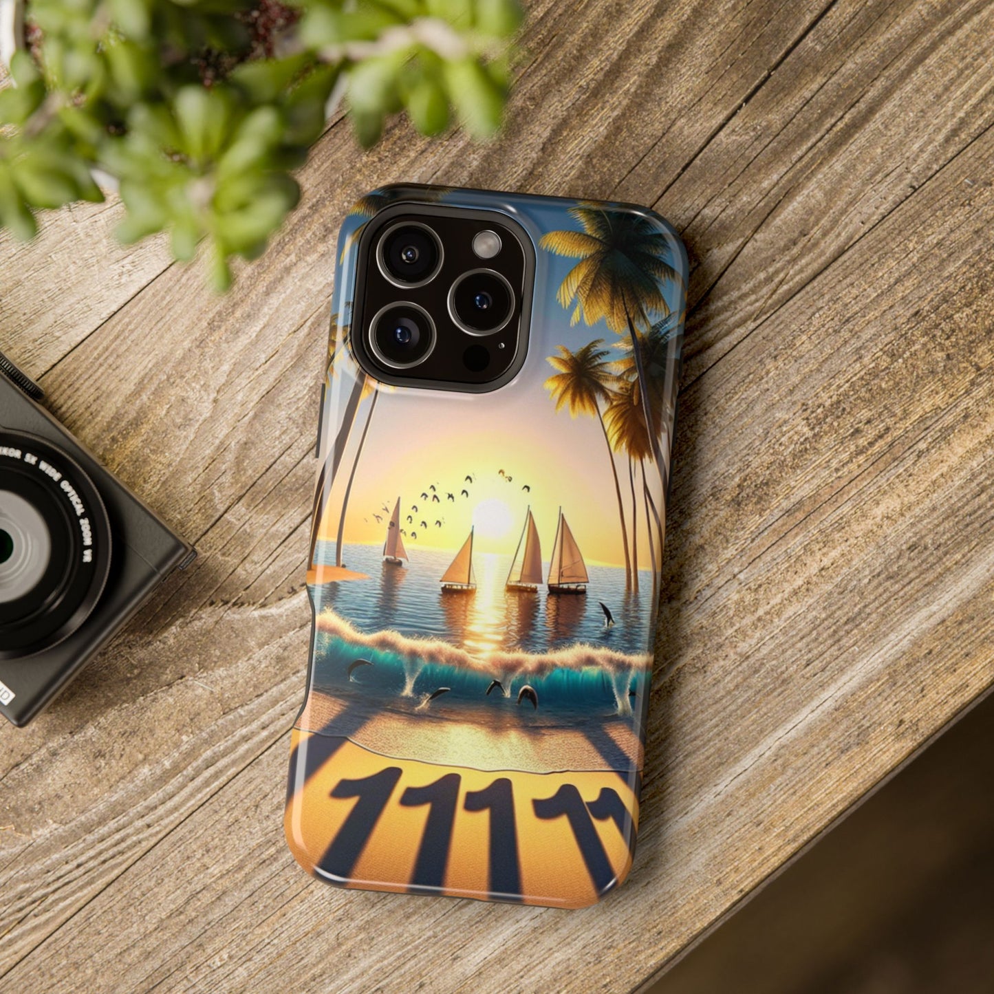 Magnetic Iphone 13-16 Pro and Max 1111 "Serene Sunset: A Tropical Paradise" - Tough Phone Case with Tropical Beach Sunset Dolphins ande Sailboats HD Art