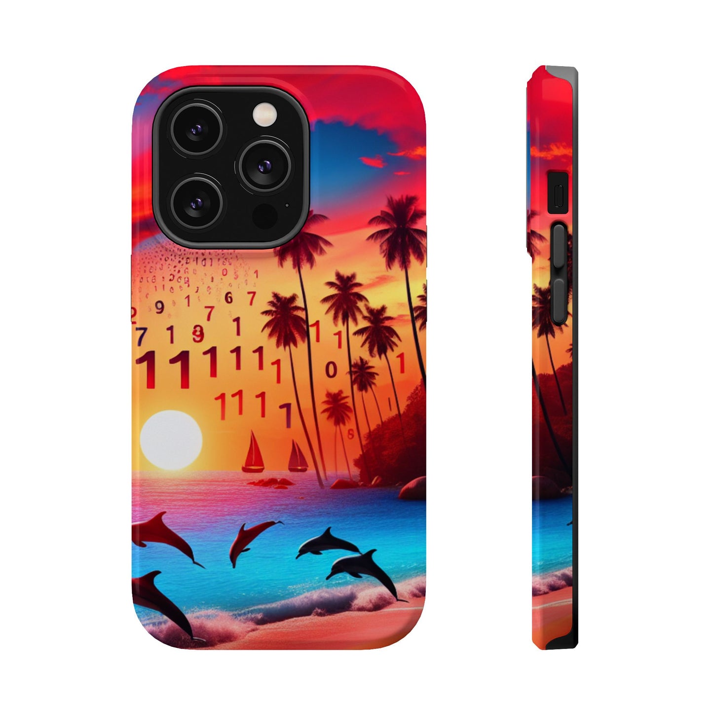 Magnetic Tough Phone case for phone 16 15 14 13 Pro Plus and Max  1111 "Serenity Horizon: Tropical Sundown Symphony" - Tough Phone Case with Tropical Beach Sunset Dolphins ande Sailboats HD Art