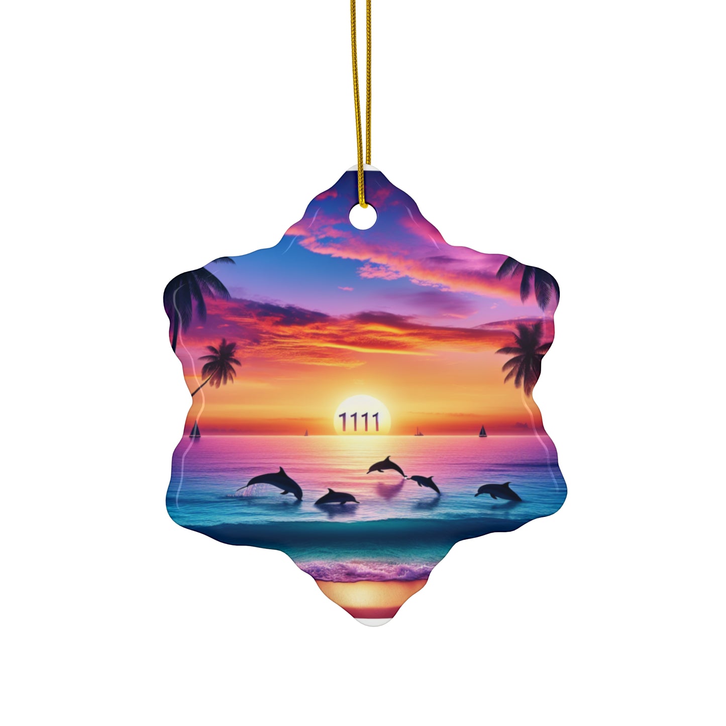 Ceramic Ornament Star, Heart, Snowflake or Circle 1111 "Serenity Sands: A Tropical Twilight Masterpiece" - Tropical Beach Sunset with Palm Trees