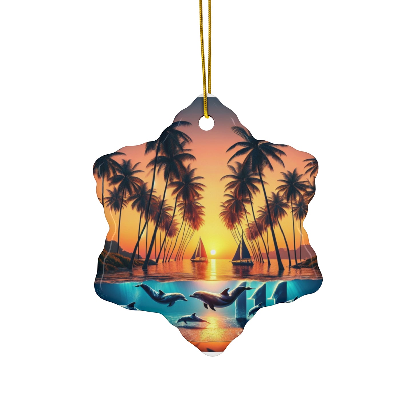 Ceramic Ornament Star, Heart, Snowflake or Circle 1111 "Serene Horizons: A Tropical Twilight Masterpiece" - Tropical Beach Sunset with Palm Trees, Dolphins, and Sailboats