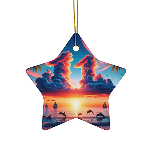 Ceramic Ornament Star, Heart, Snowflake or Circle 1111 "Paradise Serenity: A Tropical Sunset Symphony" - Tropical Beach Sunset with Palm Trees, Dolphins, and Sailboats