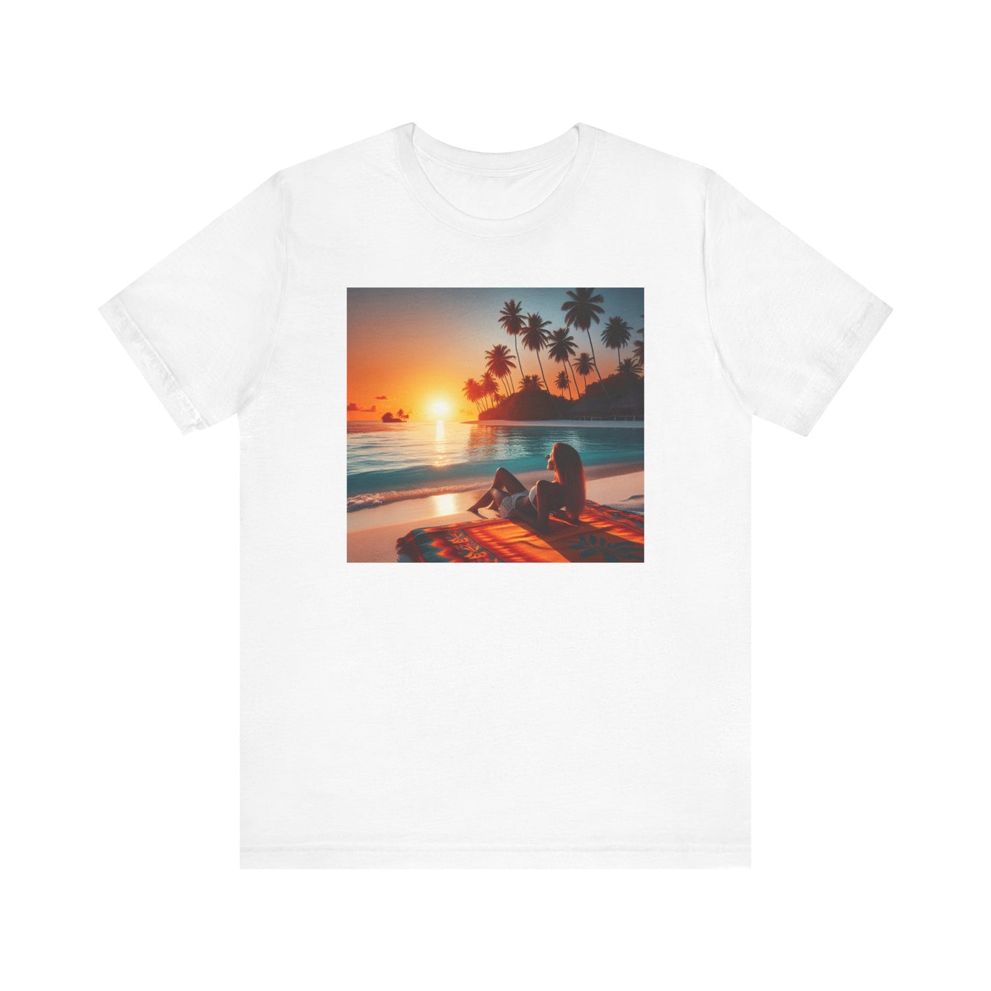 "Serene Solitude: An Exotic Sunset Symphony" - Tropical Beach Sunset with Palm Trees Unisex Jersey T-Shirt