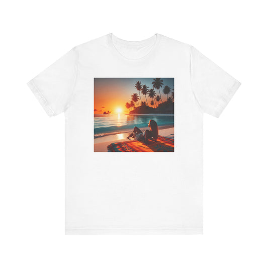 "Serene Solitude: An Exotic Sunset Symphony" - Tropical Beach Sunset with Palm Trees Unisex Jersey T-Shirt