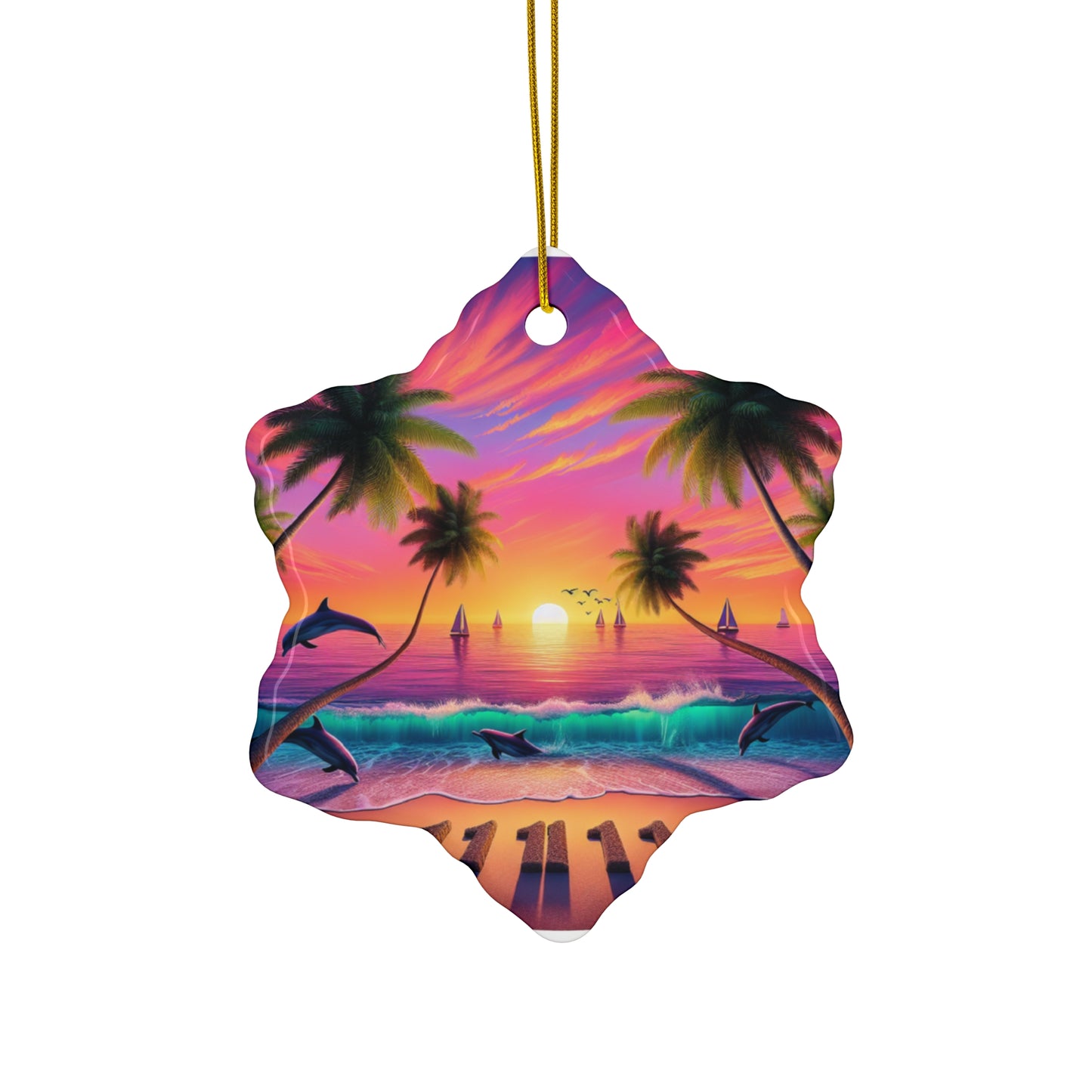 Ceramic Ornament Star, Heart, Snowflake or Circle 1111 "Tropical Twilight Serenade" - Tropical Beach Sunset with Palm Trees, Dolphins, and Sailboats