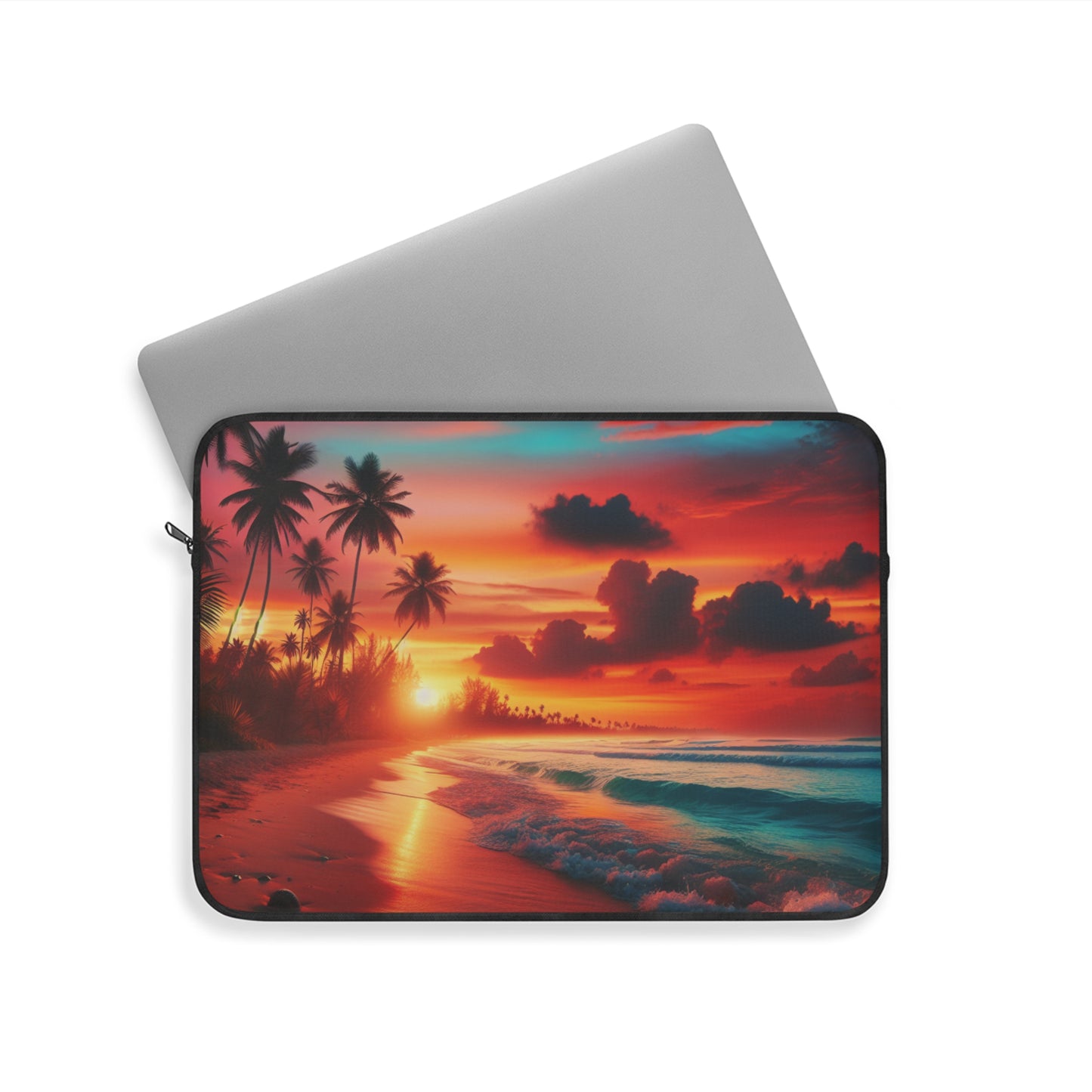 "Paradise Serenade: An Amber Sky Symphony" - Laptop Sleeve with Tropical Beach Sunset with Palm Trees Art