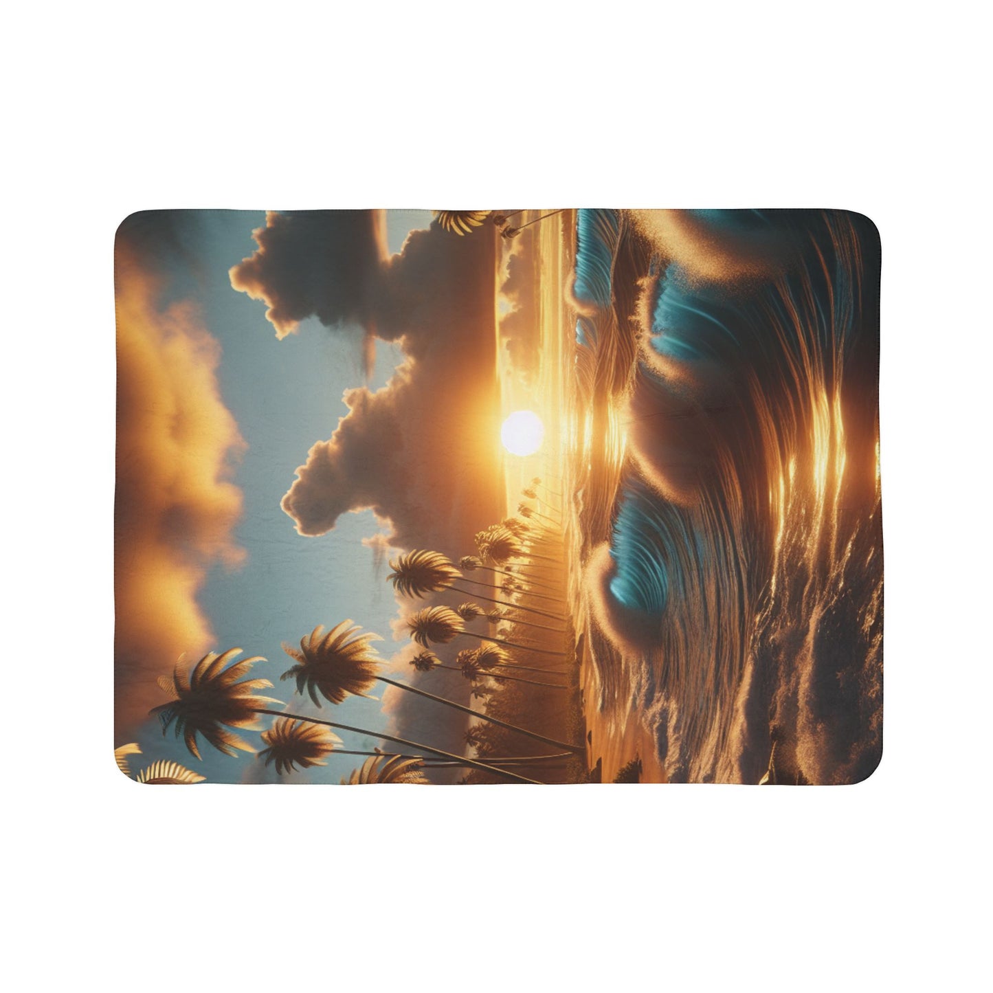 Tropical Laguna Beach Sunset with Palm Tress Fleece Sherpa Blanket