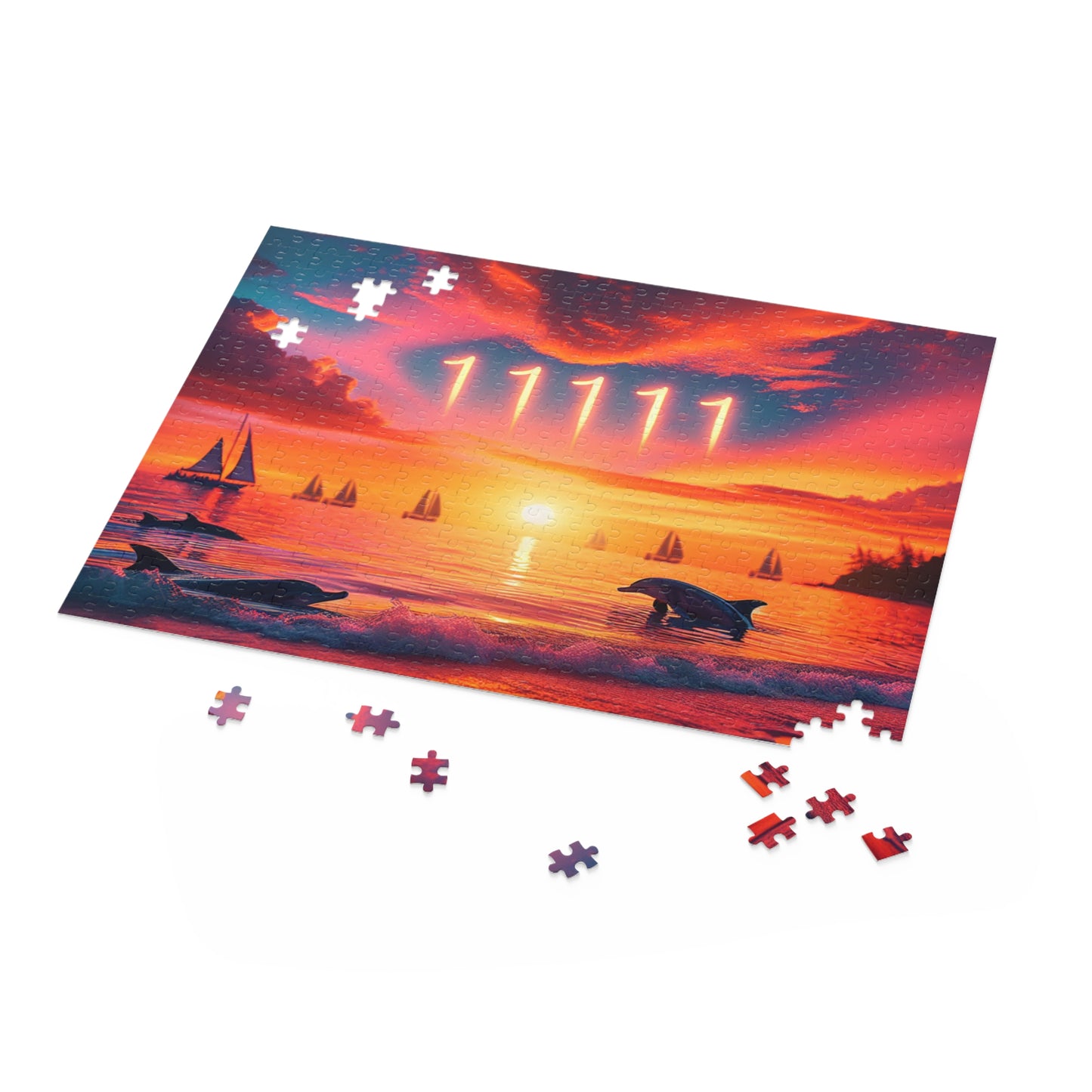 Jigsaw Puzzle, Tropical Beach Sunset Dolphins Sailboats 11111, Mindful Intentions Reminder, Positive Mindset, Visualize Goals, Affirm