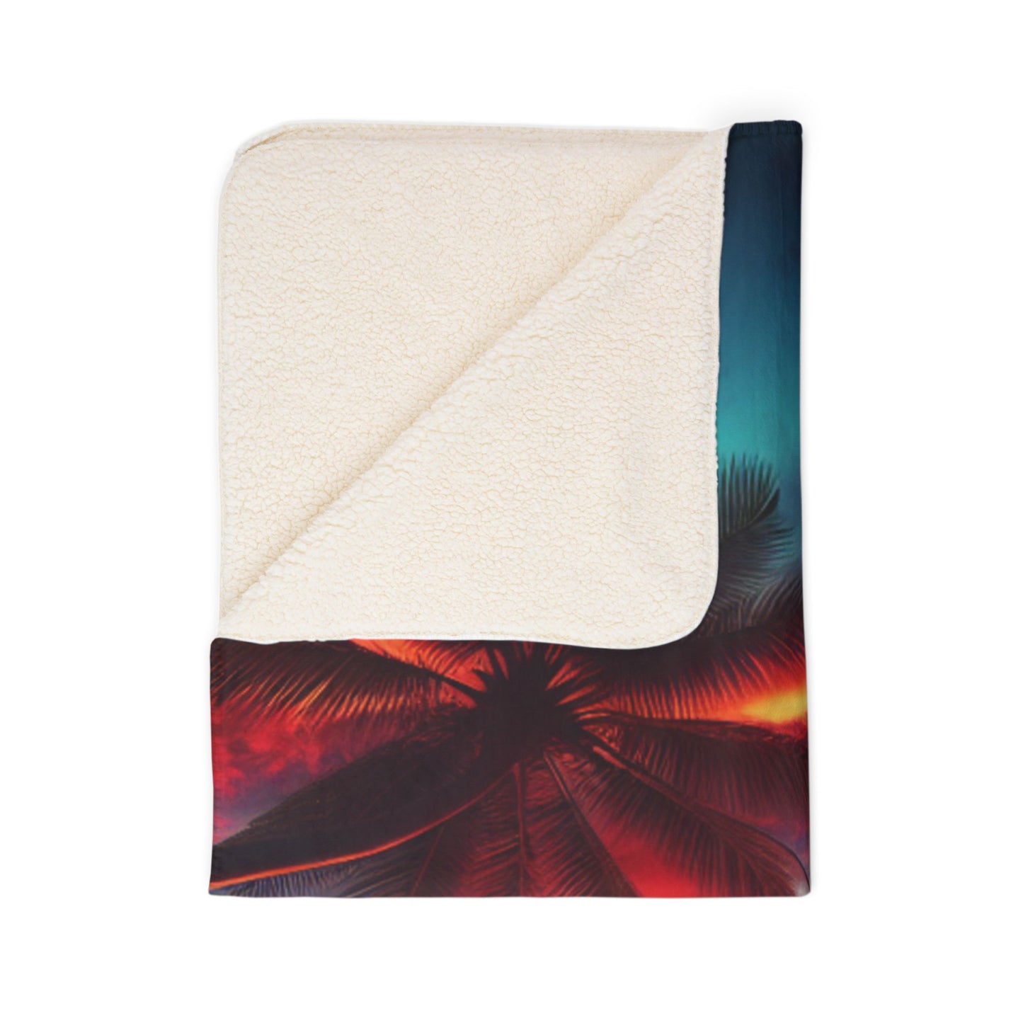 "Island Serenity: A Tropical Sunset Symphony" - Sherpa Fleece Blanket with Tropical Beach Sunset and Palm Trees