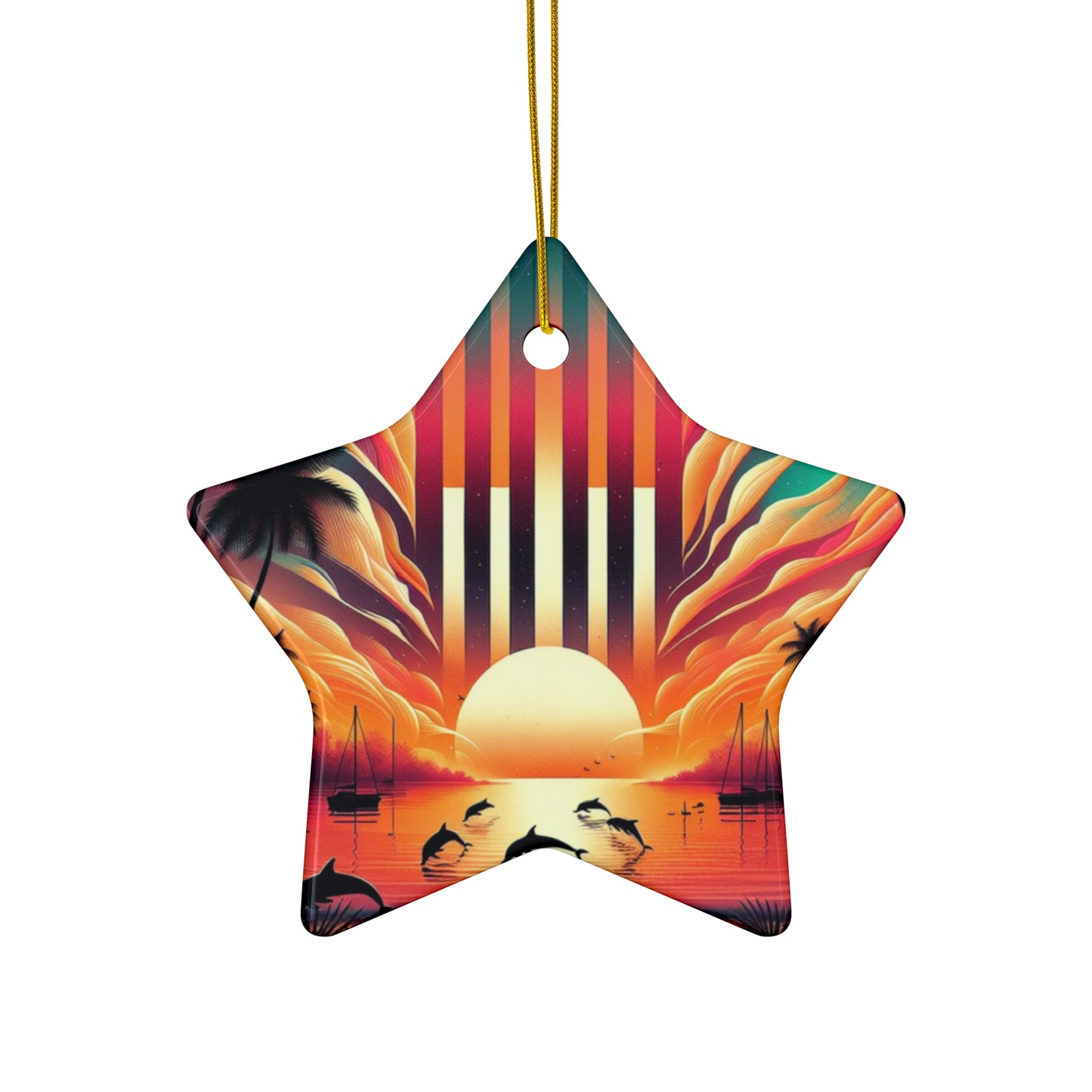 Ceramic Ornament Star, Heart, Snowflake or Circle 1111 "Paradise Serenade: Tropical Beach Sunset" - Tropical Beach Sunset with Palm Trees, Dolphins, and Sailboats