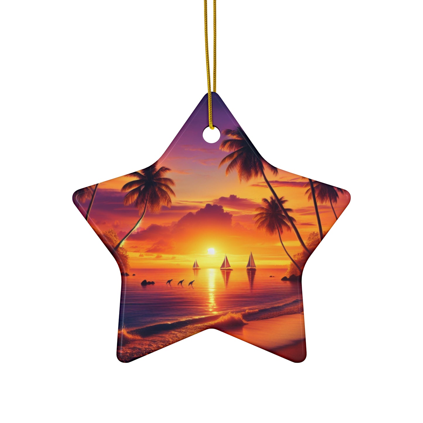 Ceramic Ornament Star, Heart, Snowflake or Circle 1111 "Paradise Twilight: An Exotic Escape in Colors" - Tropical Beach Sunset with Palm Trees, Dolphins, and Sailboats