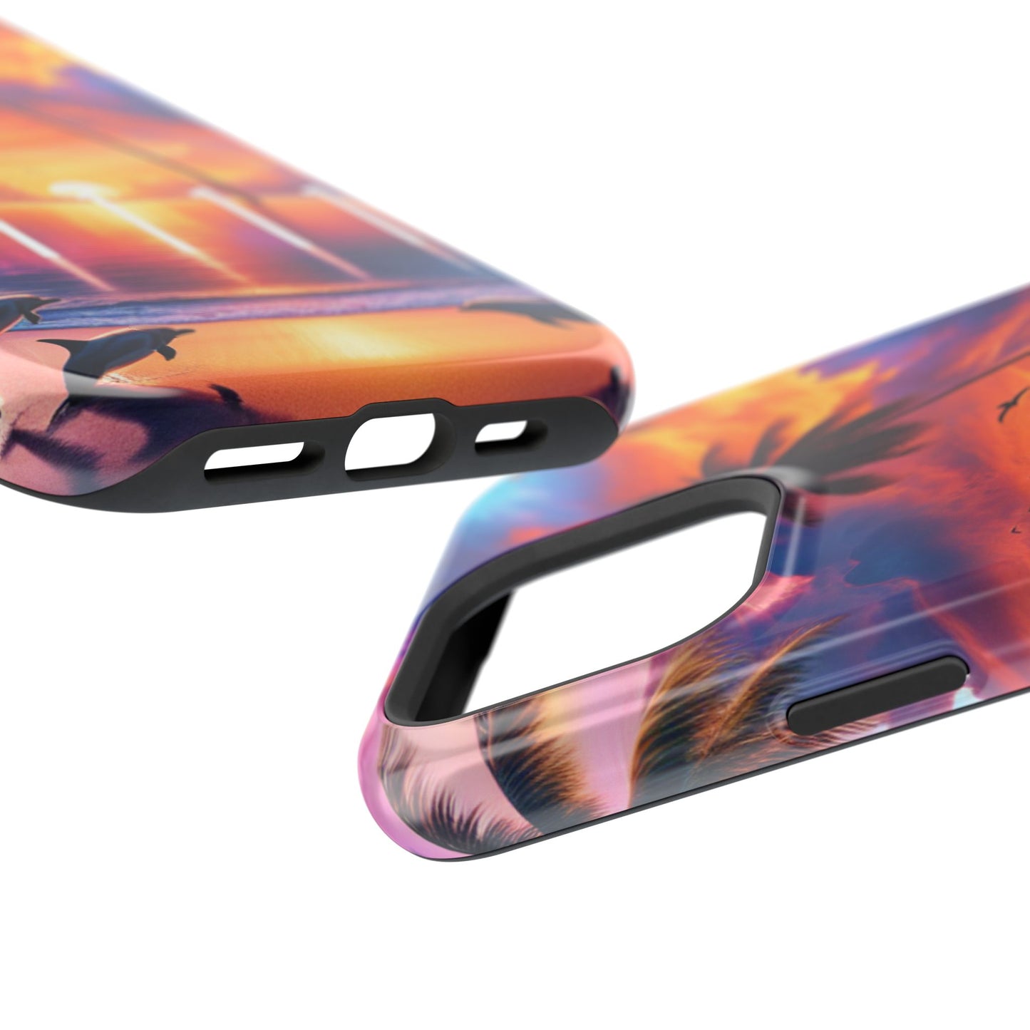 Magnetic Iphone 13-16 Pro and Max 1111 "Paradise At Dusk - A Tropical Serenity" - Tough Phone Case with Tropical Beach Sunset Dolphins ande Sailboats HD Art