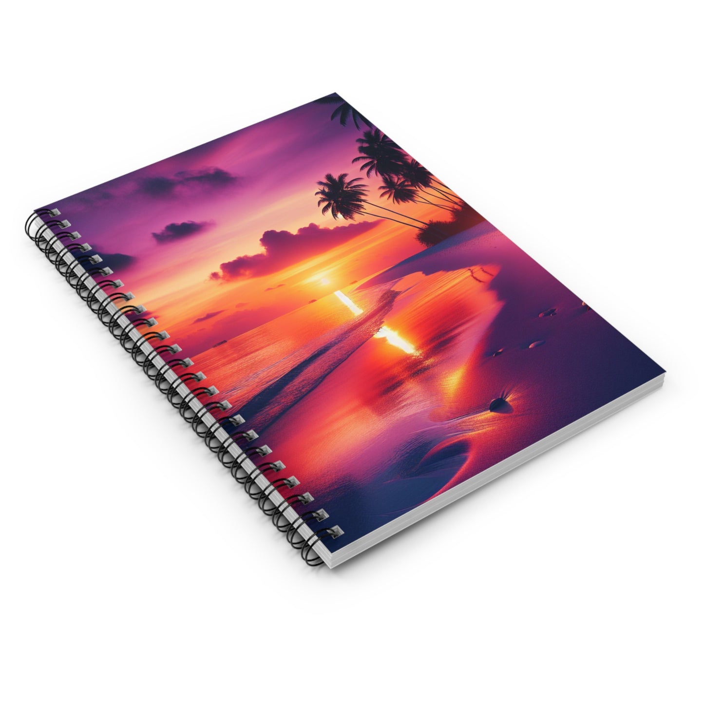 "Paradise Twilight: A Tropical Beach Sunset Symphony" - Spiral Notebook with Ruled Lines and Tropical Beach Sunset Palm Trees Art