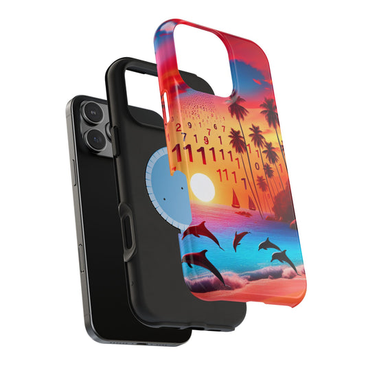 Magnetic Tough Phone case for phone 16 15 14 13 Pro Plus and Max  1111 "Serenity Horizon: Tropical Sundown Symphony" - Tough Phone Case with Tropical Beach Sunset Dolphins ande Sailboats HD Art