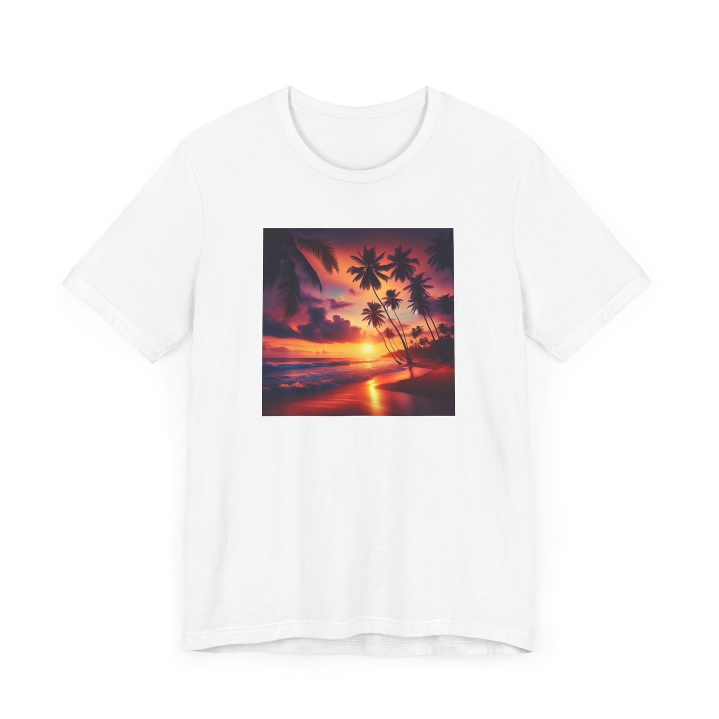 "Paradise Twilight: An Enchanted Island Dusk" - Tropical Beach Sunset with Palm Trees Unisex Tee