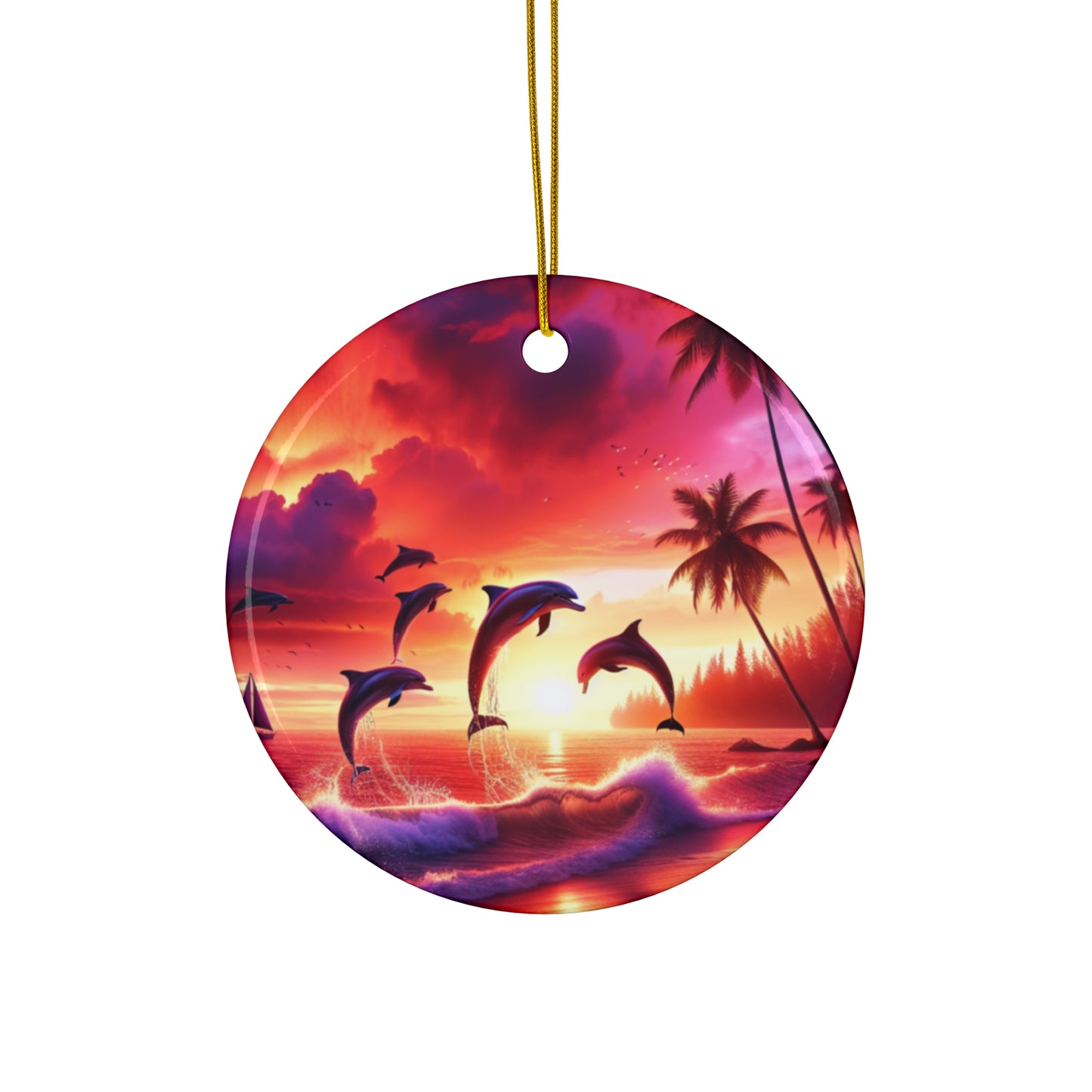 Ceramic Ornament Star, Heart, Snowflake or Circle 1111 "Paradise Dream: A Serene Tropical Sundown" - Tropical Beach Sunset with Palm Trees, Dolphins, and Sailboats