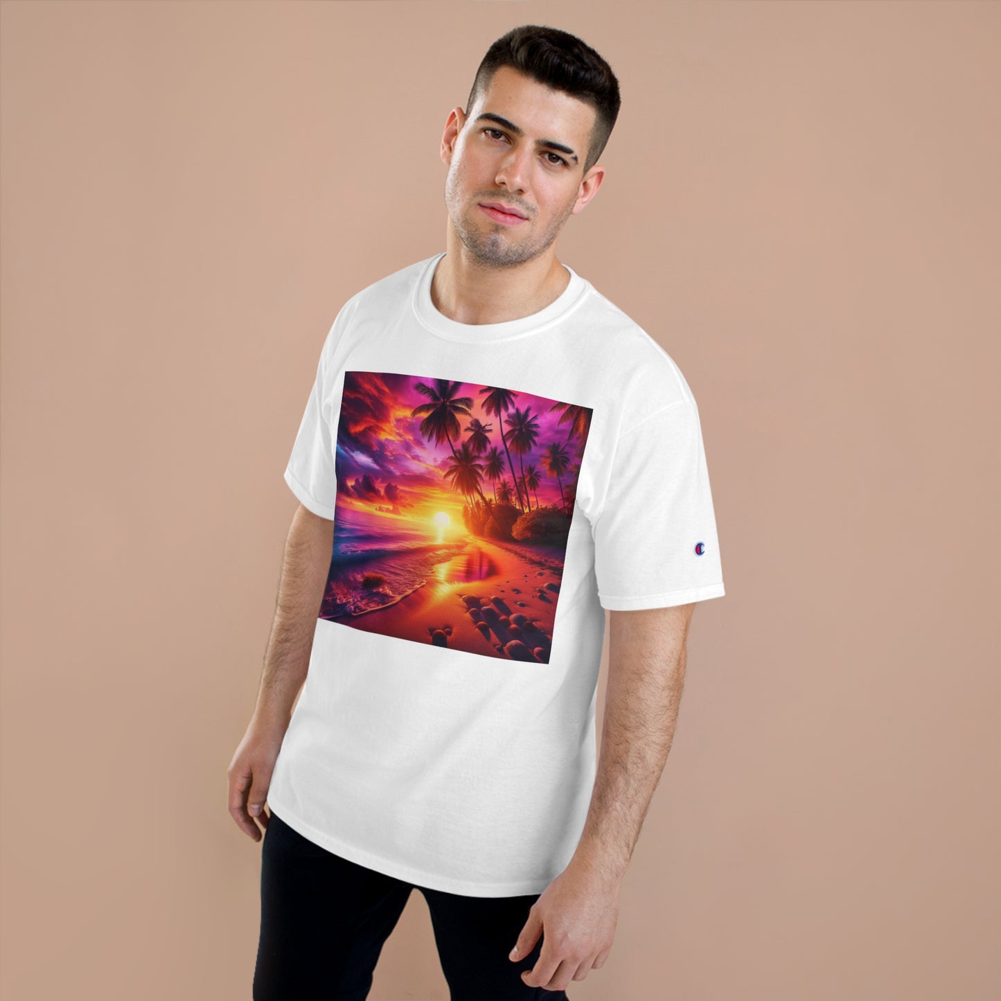 "Paradise Dusk: A Tropical Serenade" - Champion Tee Tropical Beach Sunset with Palm Trees