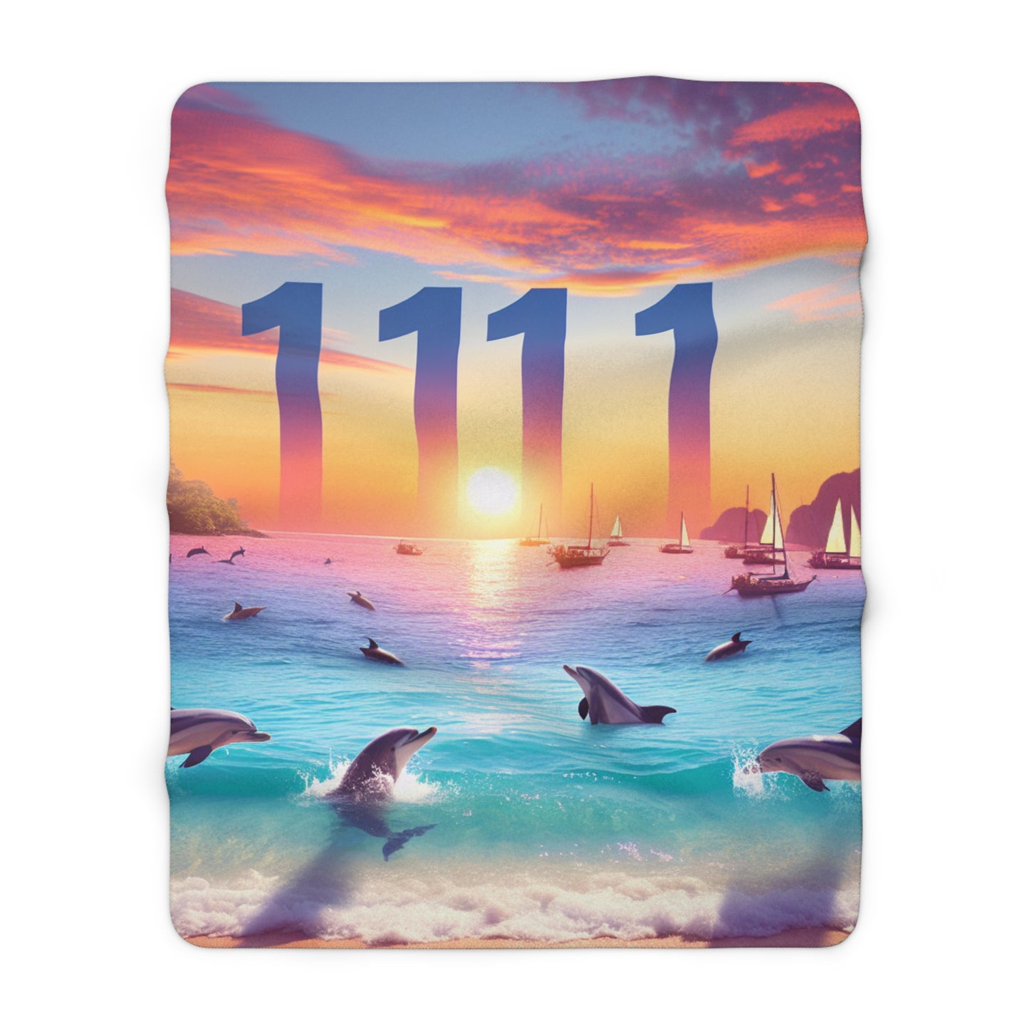 Sherpa Blanket with Tropical Beach and Angel Number 1111, Dolphins Sailboats, Positive Mindset Reminder, Visualization Goals Affirmation,