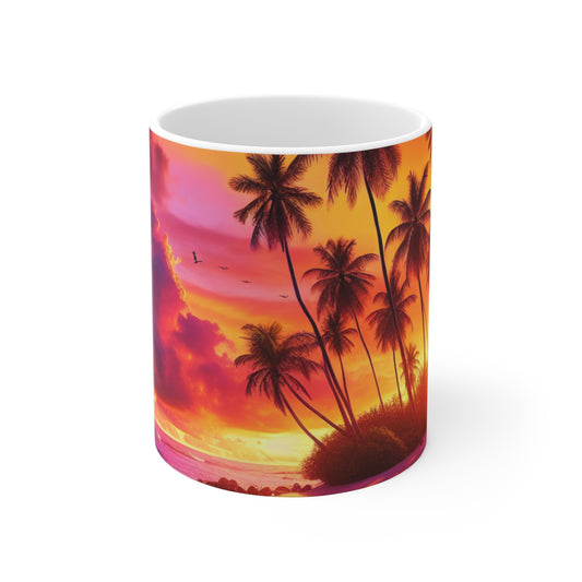 "Tropical Dusk Serenade" - Tropical Beach Sunset with Palm Trees 11oz White Mugs