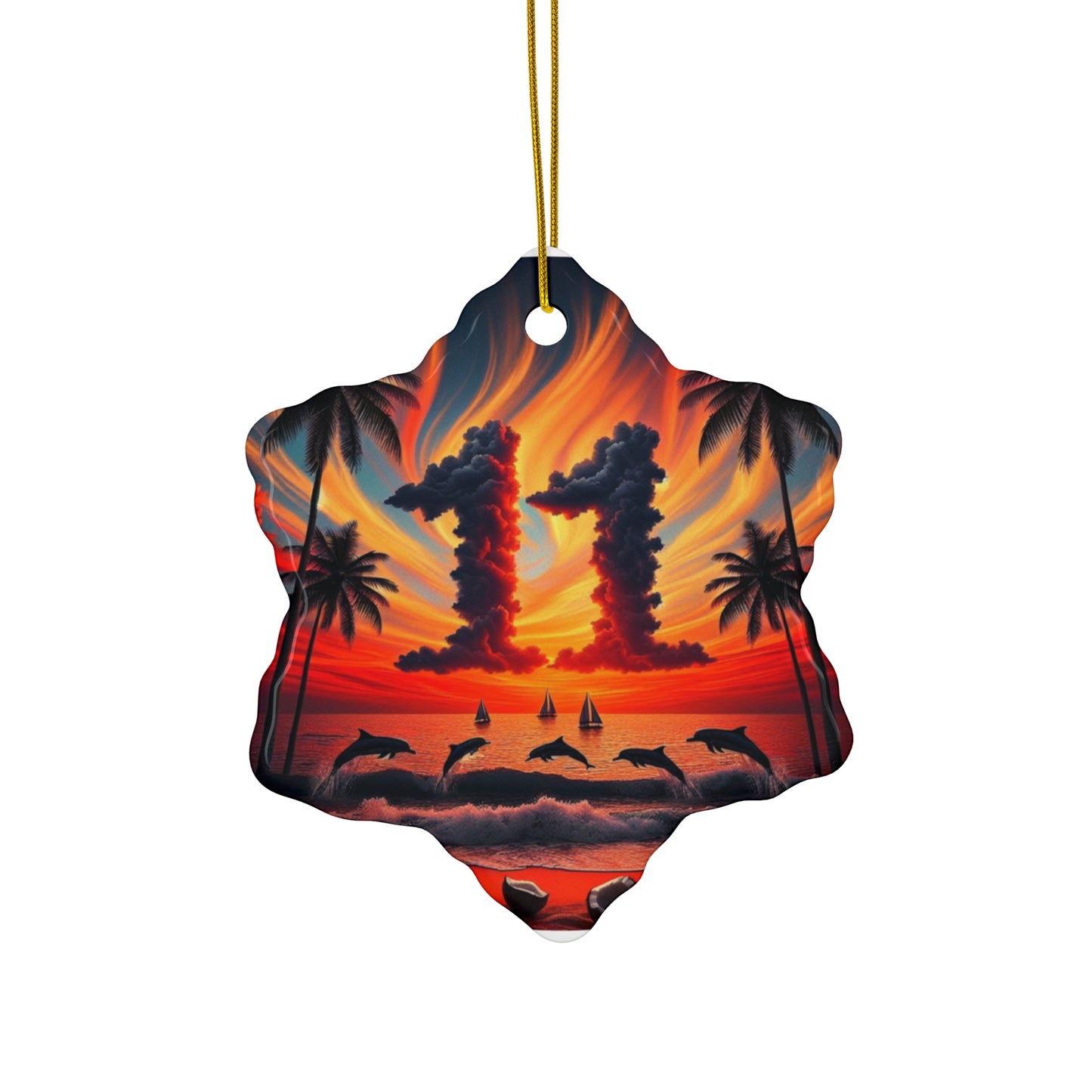 Ceramic Ornament Star, Heart, Snowflake or Circle 1111 "Paradise Twilight: Tropical Serenity's Embrace" - Tropical Beach Sunset with Palm Trees, Dolphins, and Sailboats