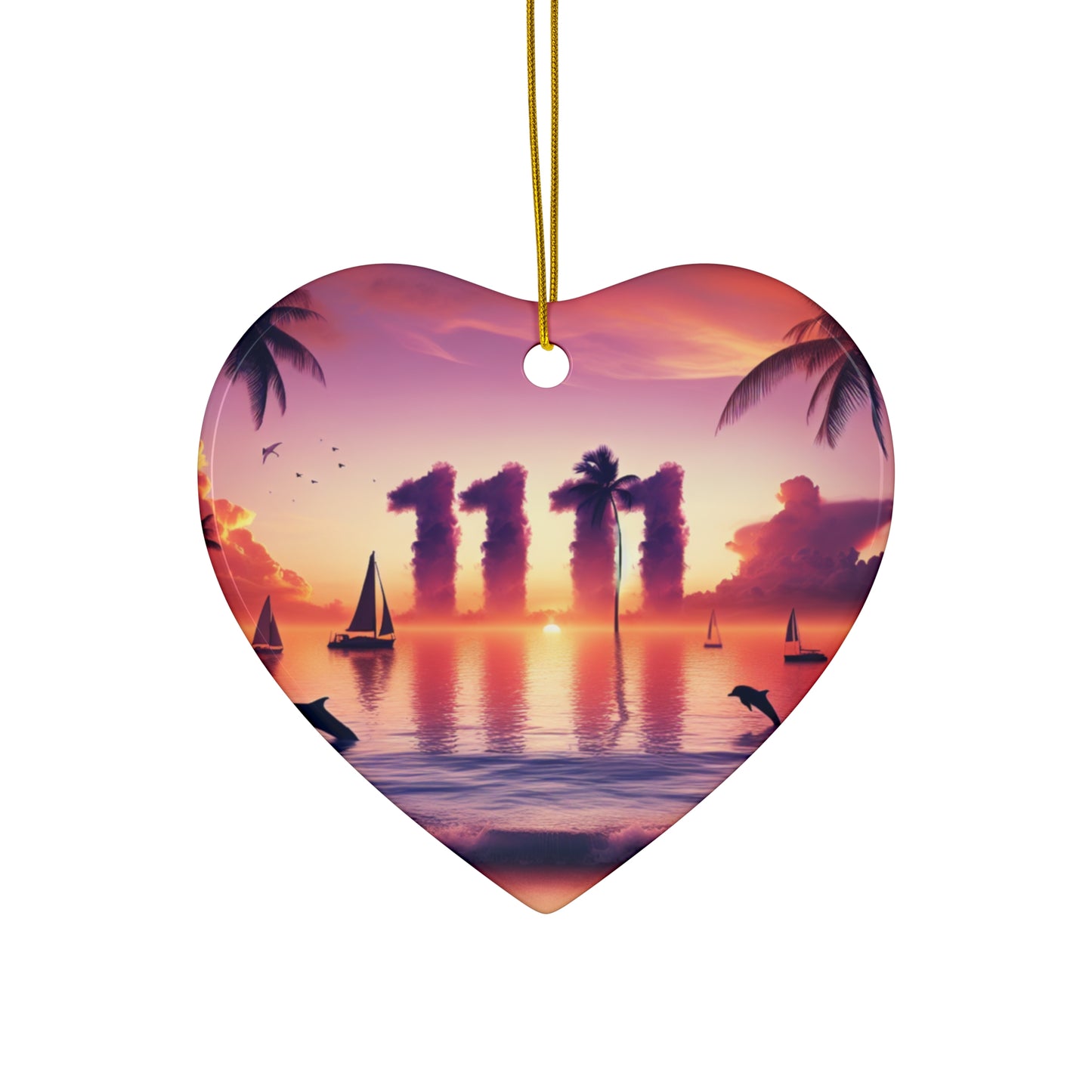 Ceramic Ornament Star, Heart, Snowflake or Circle 1111 "Paradise Serenity: Tropical Sundown Symphony" - Tropical Beach Sunset with Palm Trees, Dolphins, and Sailboats