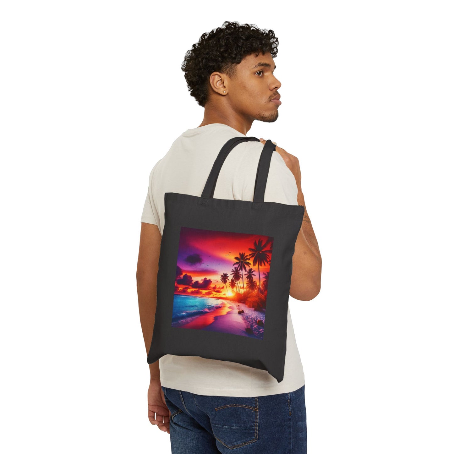 "Paradise Serenity: Tropical Twilight Tranquility" - Natural or Black Cotton Canvas Tote Bag with Tropical Beach Sunset and Palm Trees