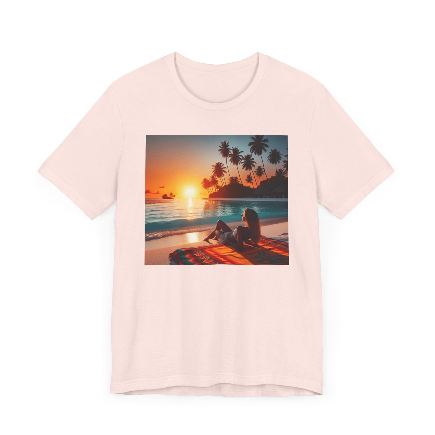 "Serene Solitude: An Exotic Sunset Symphony" - Tropical Beach Sunset with Palm Trees Unisex Jersey T-Shirt