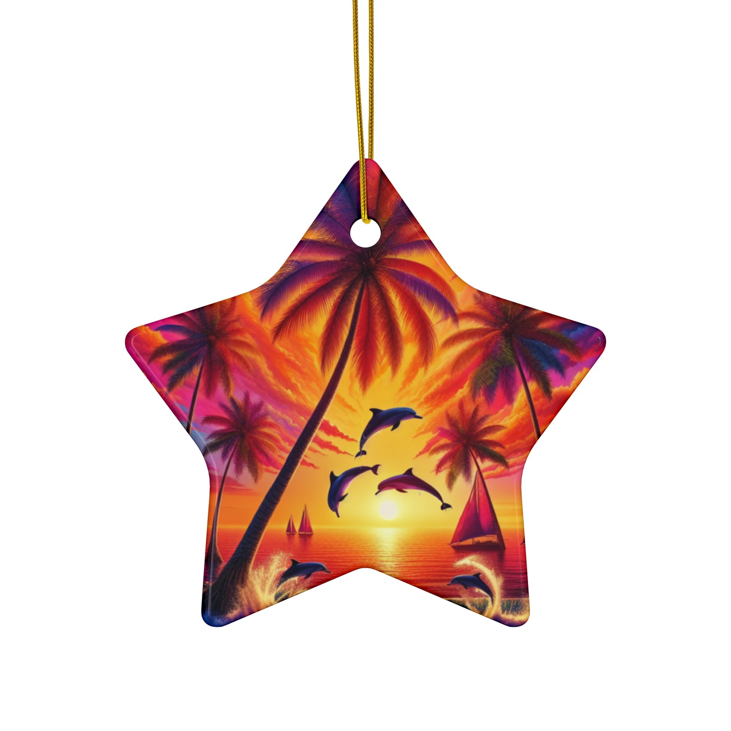 Ceramic Ornament Star, Heart, Snowflake or Circle 1111 "Serenity Sundown: A Tropical Paradise Escape" - Tropical Beach Sunset with Palm Trees