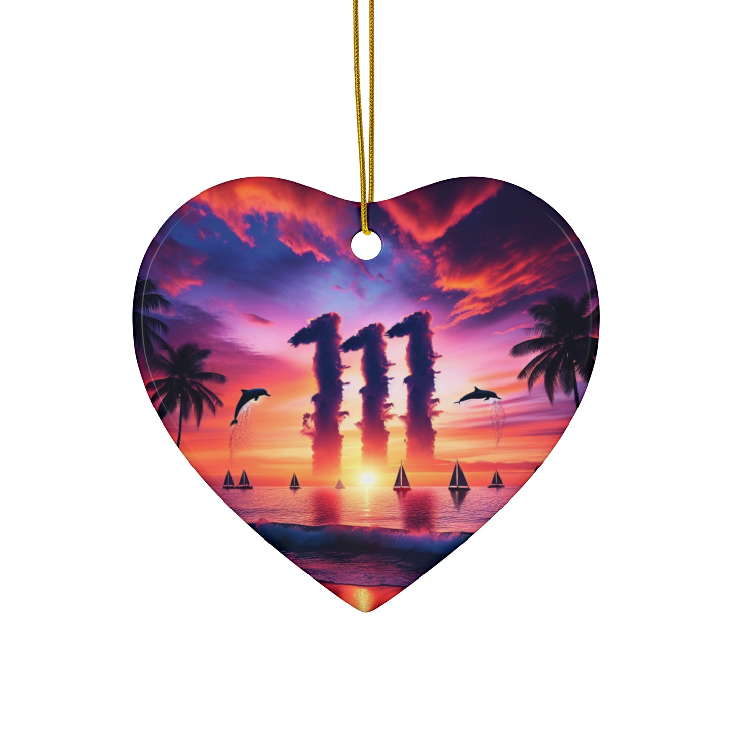 Ceramic Ornament Star, Heart, Snowflake or Circle 1111 "Paradise Twilight: A Tropical Serenade" - Tropical Beach Sunset with Palm Trees, Dolphins, and Sailboats