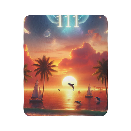 Sherpa Fleece Blanket 1111 "Serene Paradise: A 1111 Angel Numbered Tropical Escape" -  with Tropical Beach Sunset, Palm Trees, Dolphins, and Sailboats