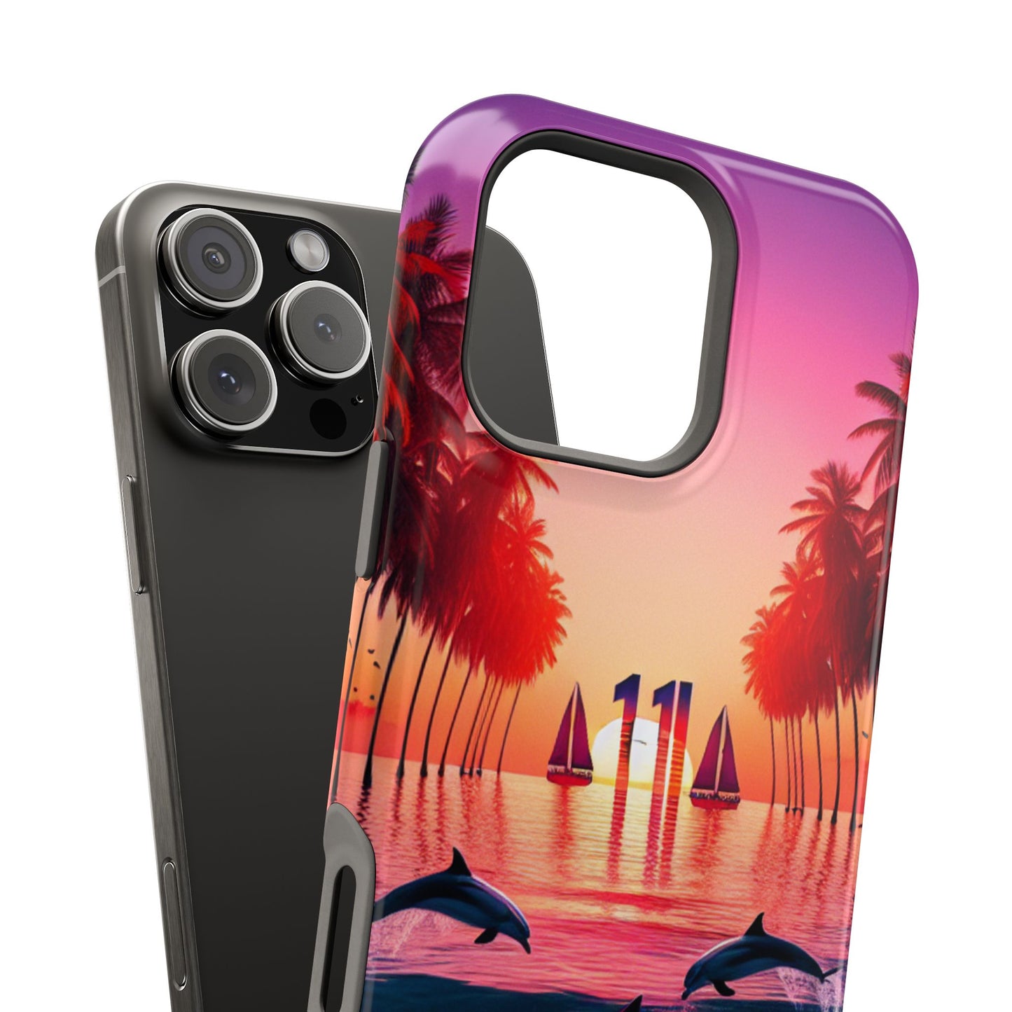 Magnetic Iphone 13-16 Pro and Max 1111 "Twilight Serenity: Tropical Beach Haven" - Tough Phone Case with Tropical Beach Sunset Dolphins ande Sailboats HD Art