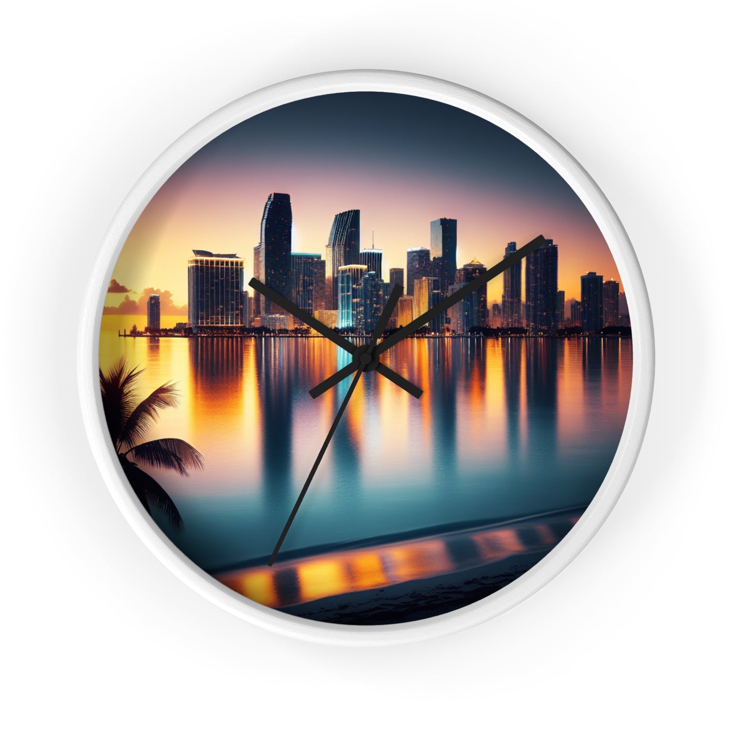 Miami Sunset City Lights and Ocean Reflection Wall Clock