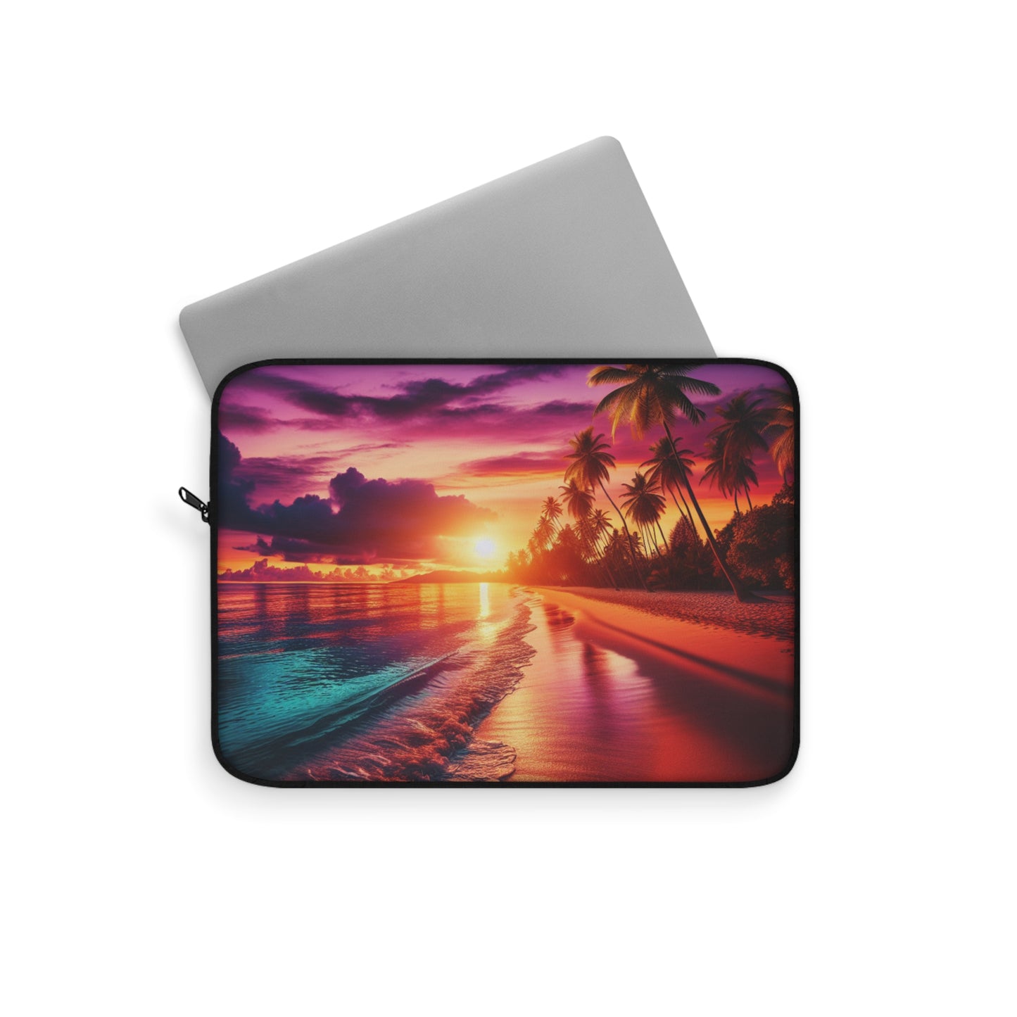 "Paradise Bliss: A Tropical Sundown Symphony" - Laptop Sleeve with Tropical Beach Sunset with Palm Trees Art