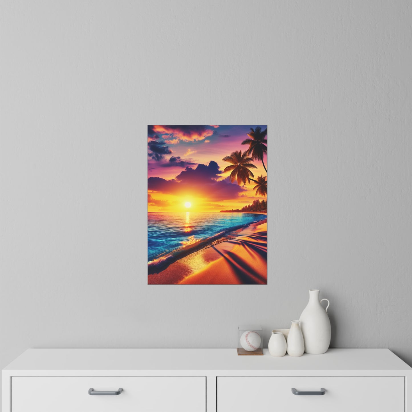 "Sunkissed Serenity: A Lush Paradise Encore" - Tropical Beach at Sunset Repositionanable Wall Art