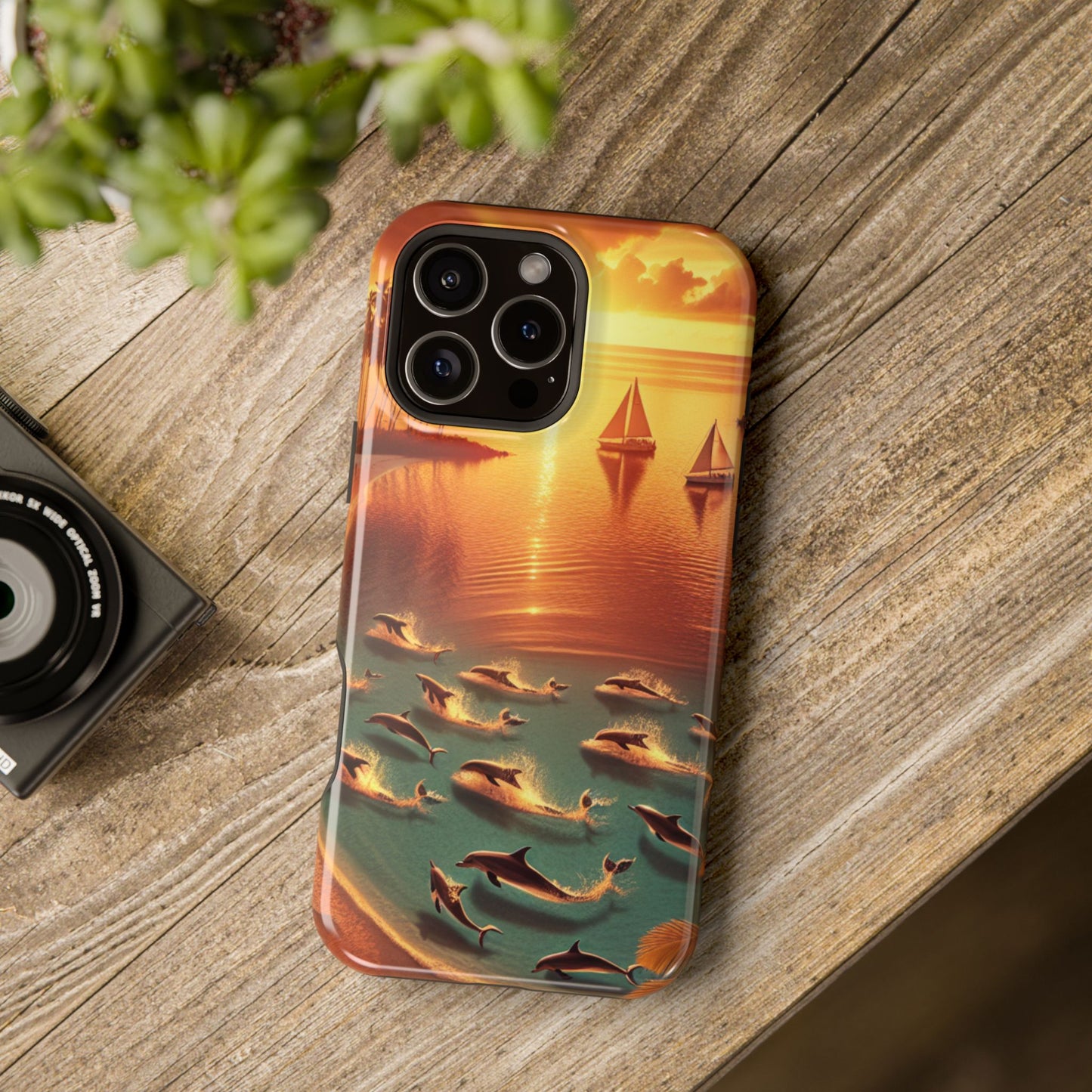 Magnetic Iphone 13-16 Pro and Max 1111 "Golden Sands: Tropical Dusk Serenade" - Tough Phone Case with Tropical Beach Sunset Dolphins ande Sailboats HD Art