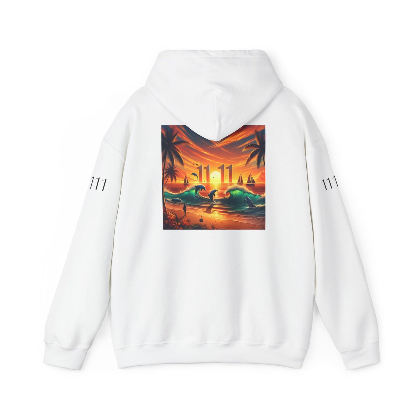 Tropical Beach Sunset Hoodie, Angel Number 11111 Spiritual Journey Unisex Sweatshirt, Beach Lovers Gift, Palm Trees Sailboats Dolphins New,