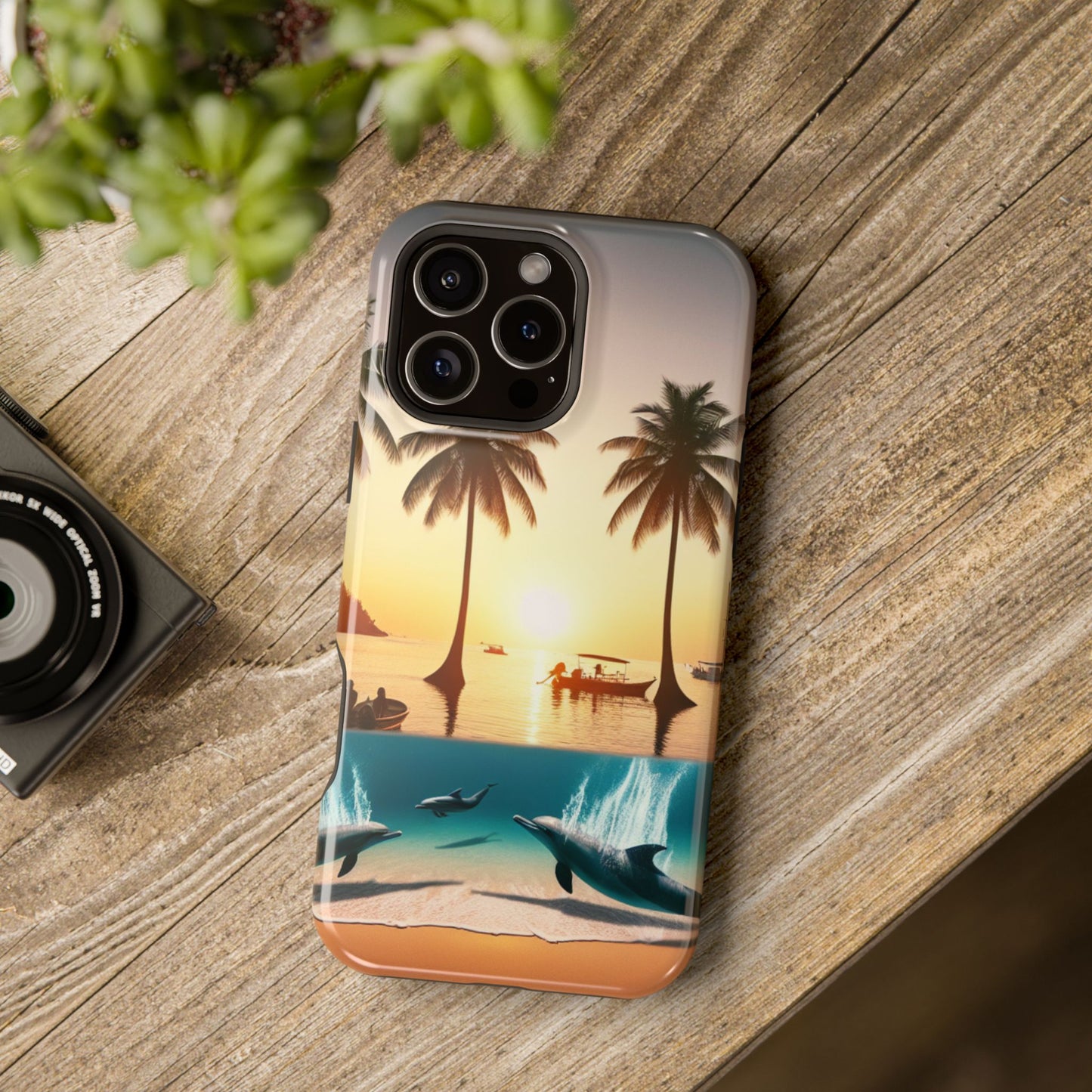 Magnetic Iphone 13-16 Pro and Max 1111 "Sunset Serenity: A Tropical Tapestry" - Tough Phone Case with Tropical Beach Sunset Dolphins ande Sailboats HD Art