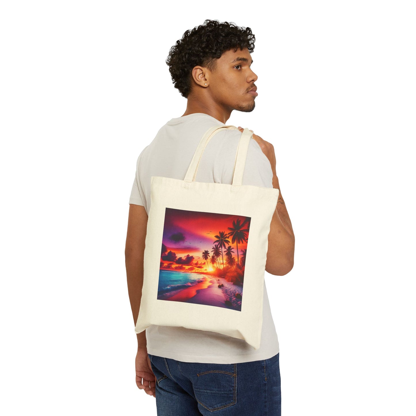 "Paradise Serenity: Tropical Twilight Tranquility" - Natural or Black Cotton Canvas Tote Bag with Tropical Beach Sunset and Palm Trees