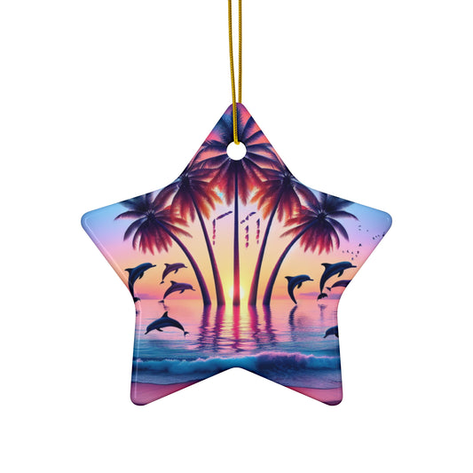 Ceramic Ornament Star, Heart, Snowflake or Circle 1111 "Paradise Twilight: A Tropical Transcendence" - Tropical Beach Sunset with Palm Trees, Dolphins, and Sailboats