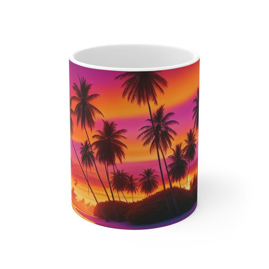 "Paradise Sunset: A Tropical Haven" - Tropical Beach Sunset with Palm Trees 11oz White Mugs