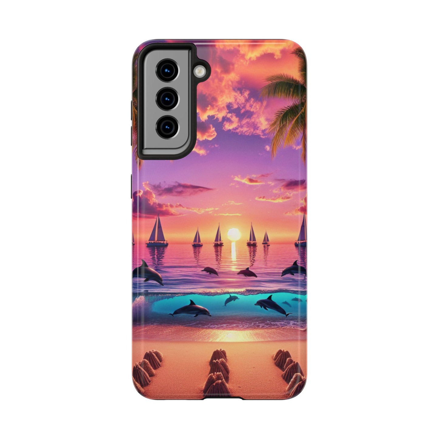 Samsung Galaxy S24 S23 S22 S21 Tough Phone Case "Paradise Twilight: Tropical Serenity" - 1111 Tropical Beach Palm Trees, Dolphins, and Sailboats Art