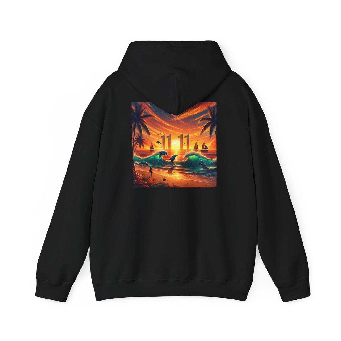 Tropical Beach Sunset Hoodie, Angel Number 11111 Spiritual Journey Unisex Sweatshirt, Beach Lovers Gift, Palm Trees Sailboats Dolphins New,