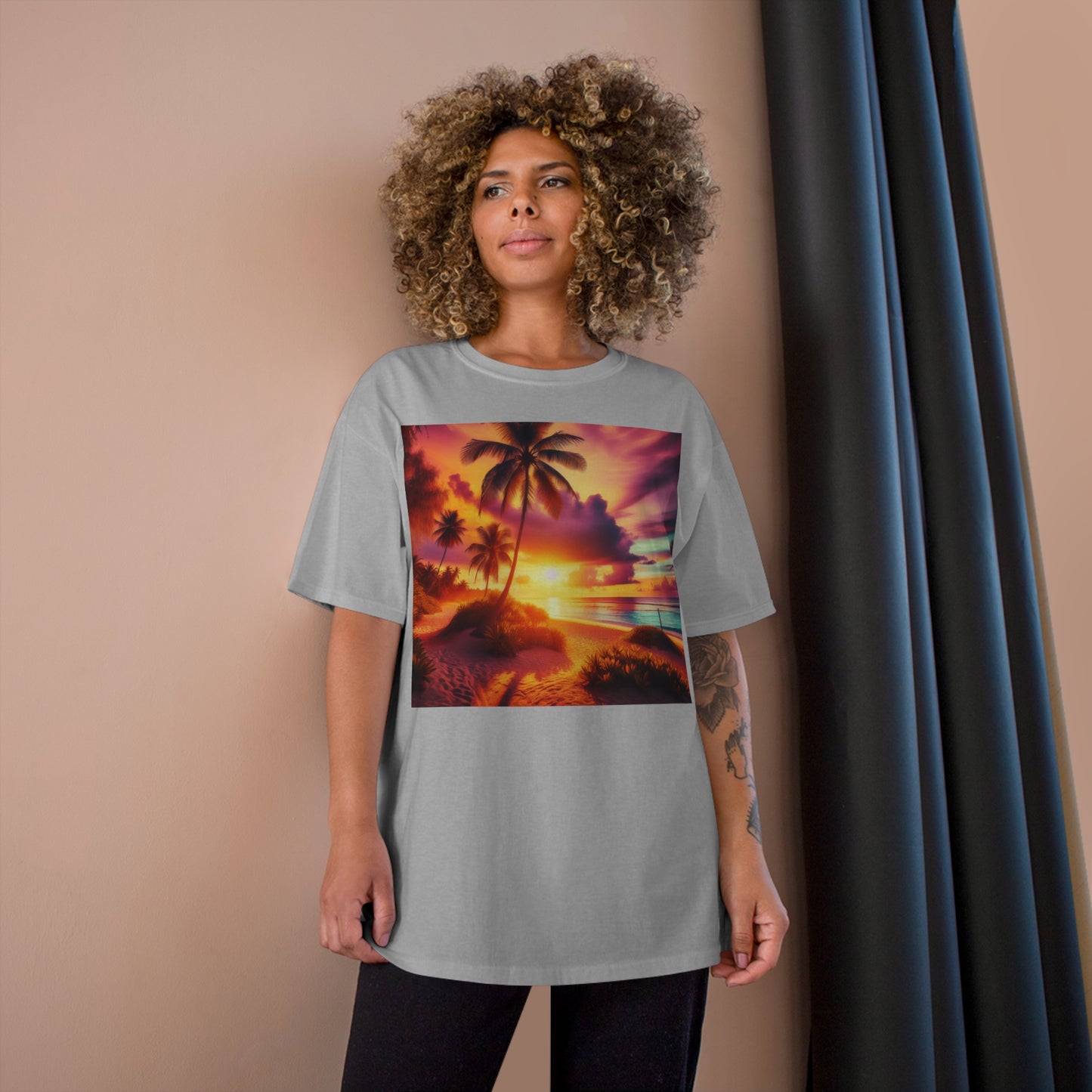 "Paradise Radiance: A Tropical Sunset Symphony" - Champion Tee Tropical Beach Sunset with Palm Trees